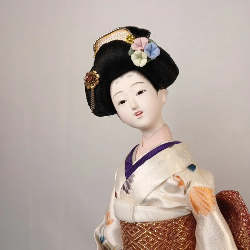 Vintage Japanese Geisha Doll Dancer White Silk Flower Kimono Full Headdress 12